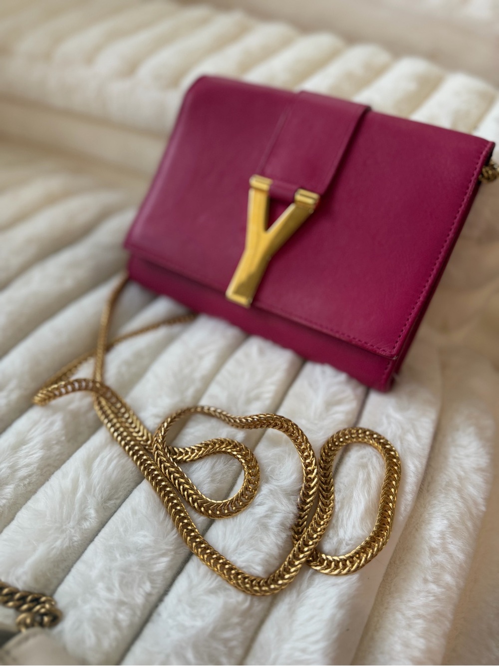 YSL Magenta Leather Crossbody Bag with Gold Chain